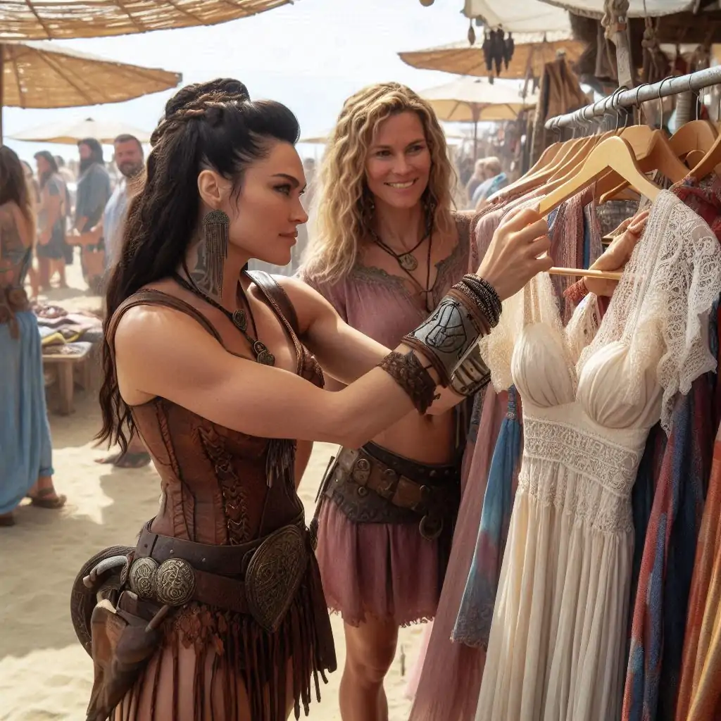 Pentesilea y Lagertha comprando en un mercadillo de playa